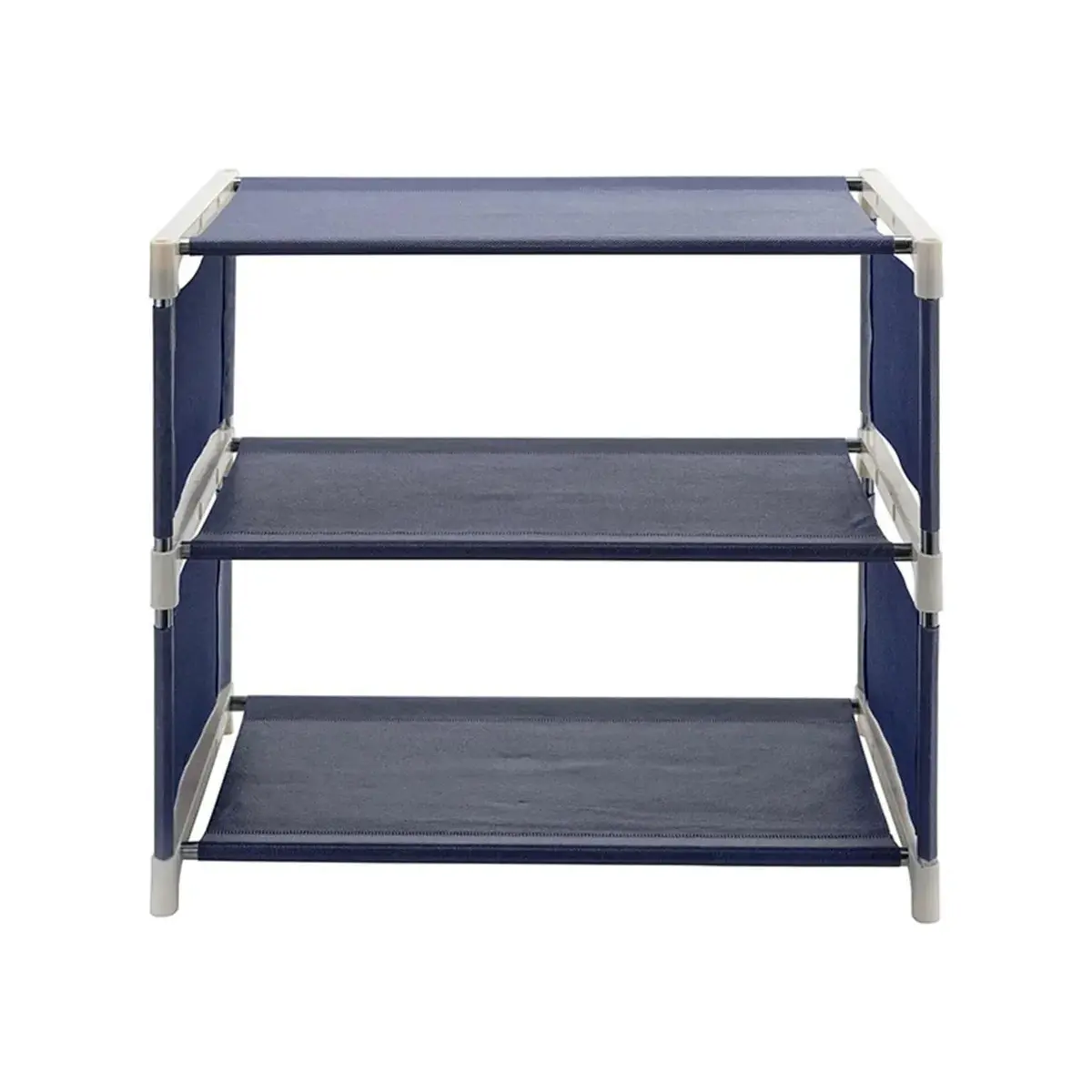 Organizador de zapatos de 3 niveles en tela azul con estructura blanca.