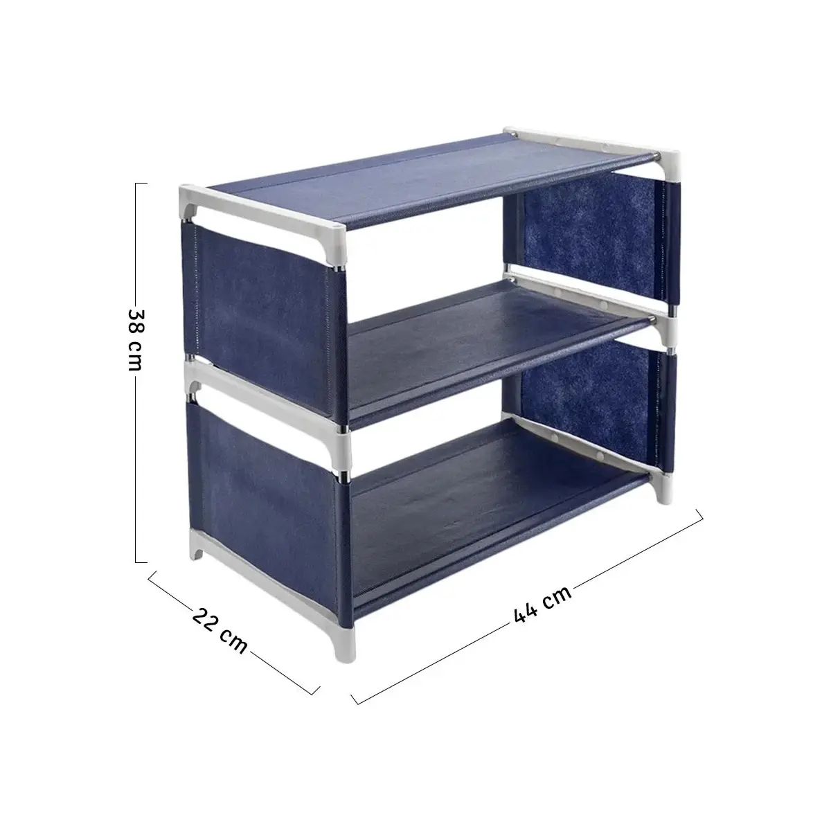 Organizador de zapatos 3 niveles azul, 44x22x38 cm, estructura blanca.