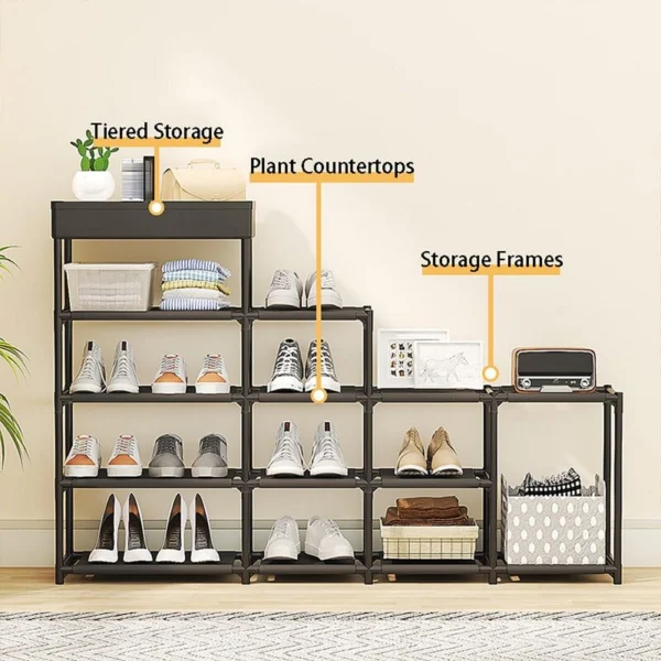 Estante zapatero multiusos con 12 compartimentos, ideal para organizar calzado, plantas y accesorios.
