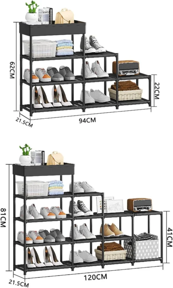 Estante zapatero multiusos escalonado, 81cm alto, 120cm ancho, organiza calzado y accesorios.