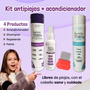 Kit Antipiojos y Acondicionador Esencia Mágica para cabello sano: champú, repelente y peine.