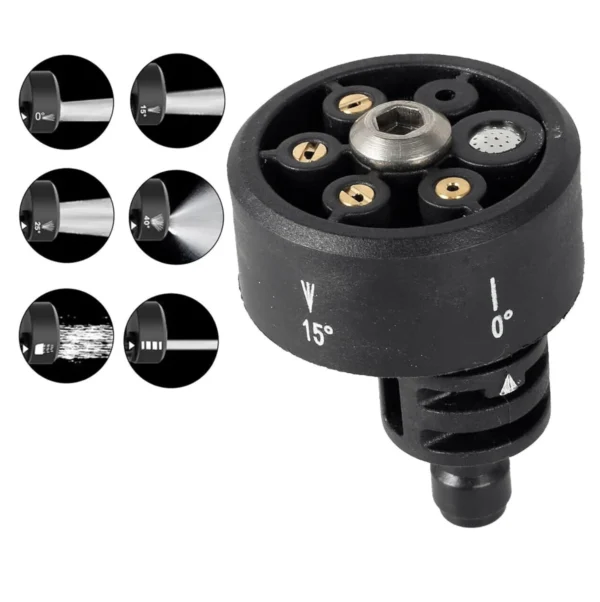 Cabezal boquilla 6 en 1 para hidrolavadora con 6 patrones de chorro ajustables, ideal para limpieza.