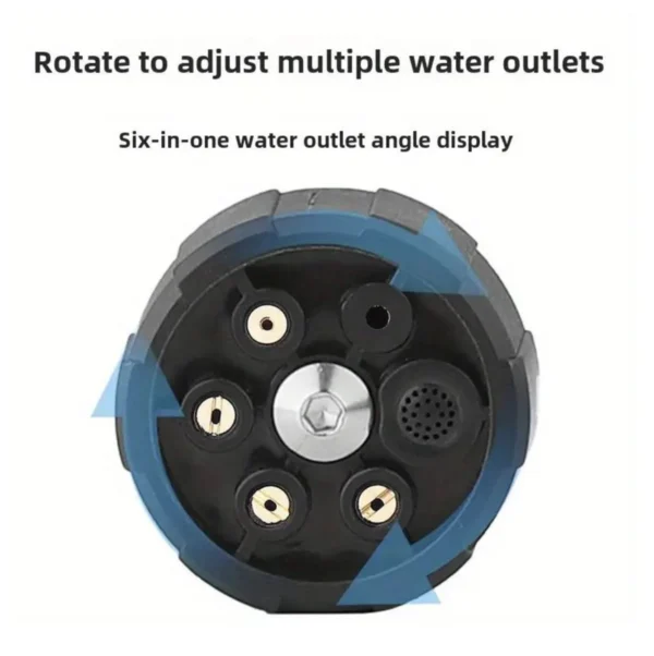 Cabezal de boquilla 6 en 1 para hidrolavadora con múltiples salidas de agua ajustables.