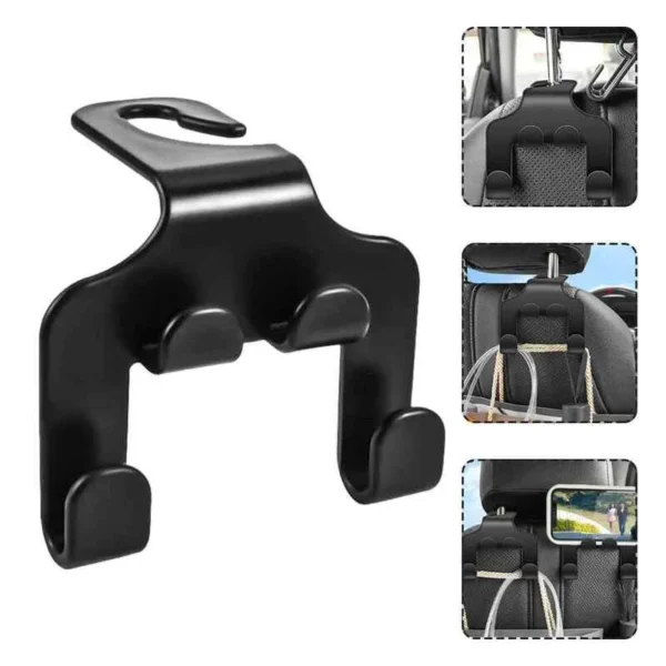 Gancho multifuncional negro para silla de carro, organiza bolsos y móviles.