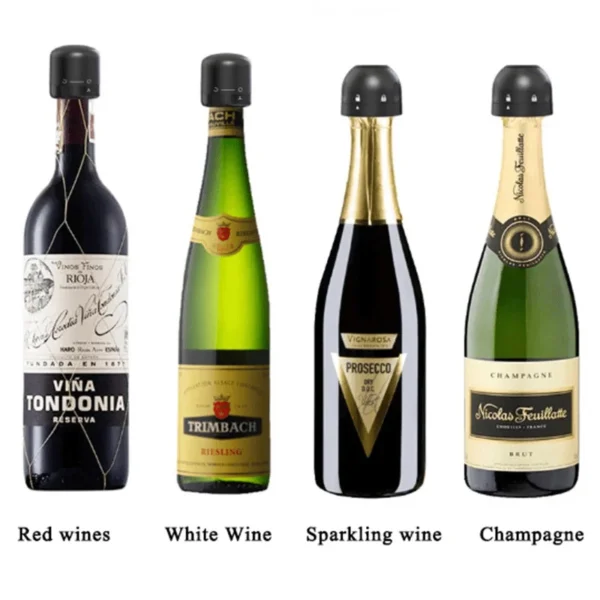 Botellas de vino tinto, blanco, espumoso y champagne con sellador Apon Bomba.