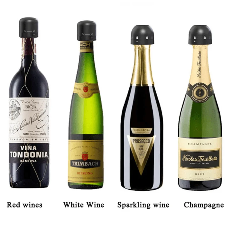 Botellas de vino tinto, blanco, espumoso y champagne con sellador Apon Bomba.