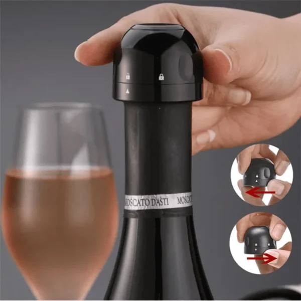 Tapón sellador para vino Apon, con sistema de bomba y símbolo de candado.