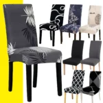 Forro protector individual para silla de comedor con estampado de hojas grises y blancas.