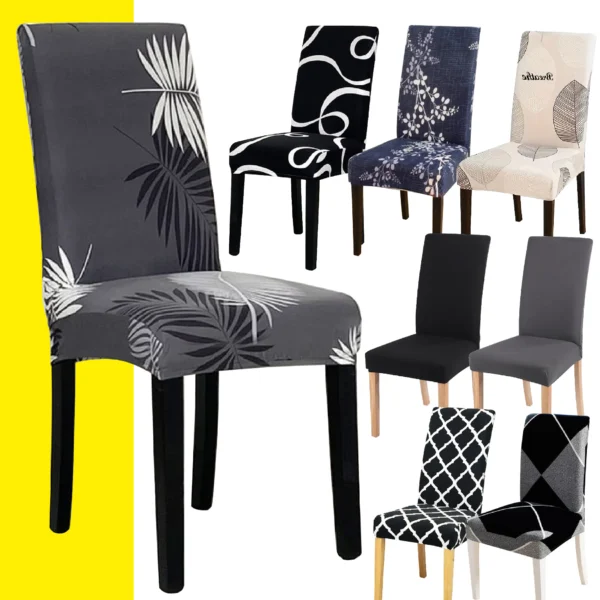 Forro protector individual para silla de comedor con estampado de hojas grises y blancas.