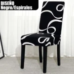 Funda para silla de comedor negra con diseño de espirales blancas, protector individual.