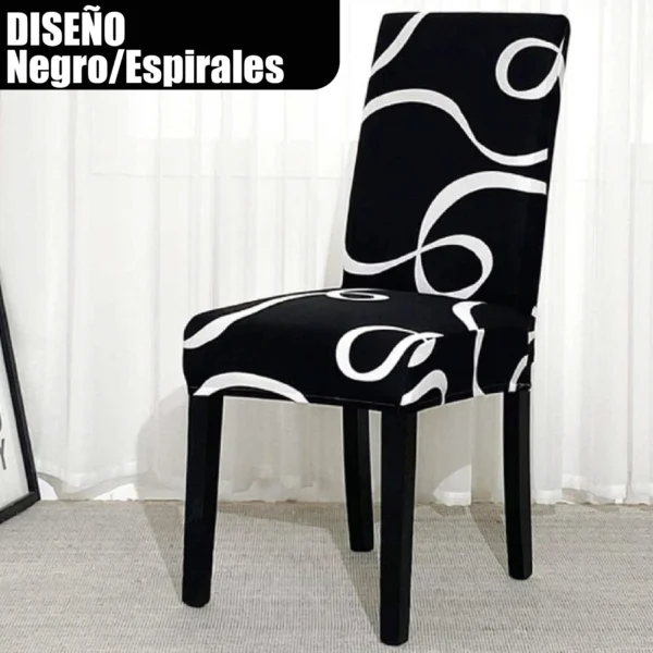 Funda para silla de comedor negra con diseño de espirales blancas, protector individual.