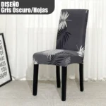 Forro protector para silla de comedor gris oscuro con diseño de hojas tropicales.
