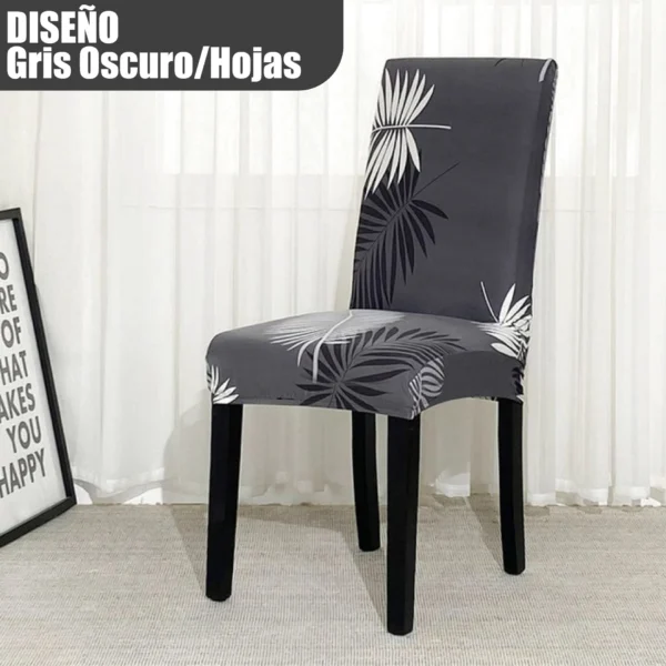 Forro protector para silla de comedor gris oscuro con diseño de hojas tropicales.