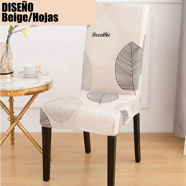 Forro de silla con diseño de hojas beige, protege tu comedor con estilo.
