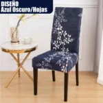 Forro protector azul oscuro con diseño de hojas para silla de comedor.