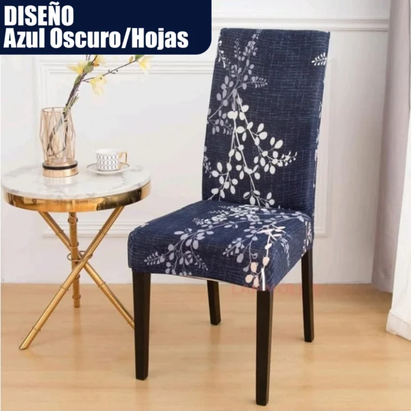 Forro protector azul oscuro con diseño de hojas para silla de comedor.