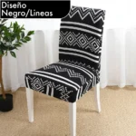 Forro protector negro con diseño de líneas blancas para silla de comedor moderna.