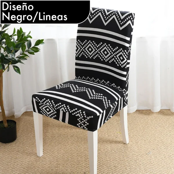 Forro protector negro con diseño de líneas blancas para silla de comedor moderna.