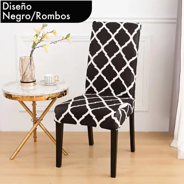 Forro para silla de comedor con diseño geométrico negro y blanco.