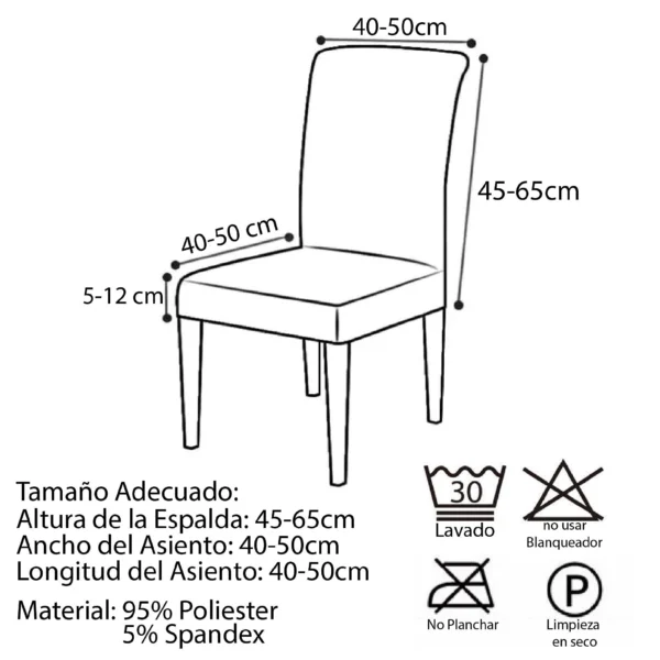 Forro protector para silla de comedor: medidas 40-50cm ancho/largo, 45-65cm alto. Poliéster y spandex.