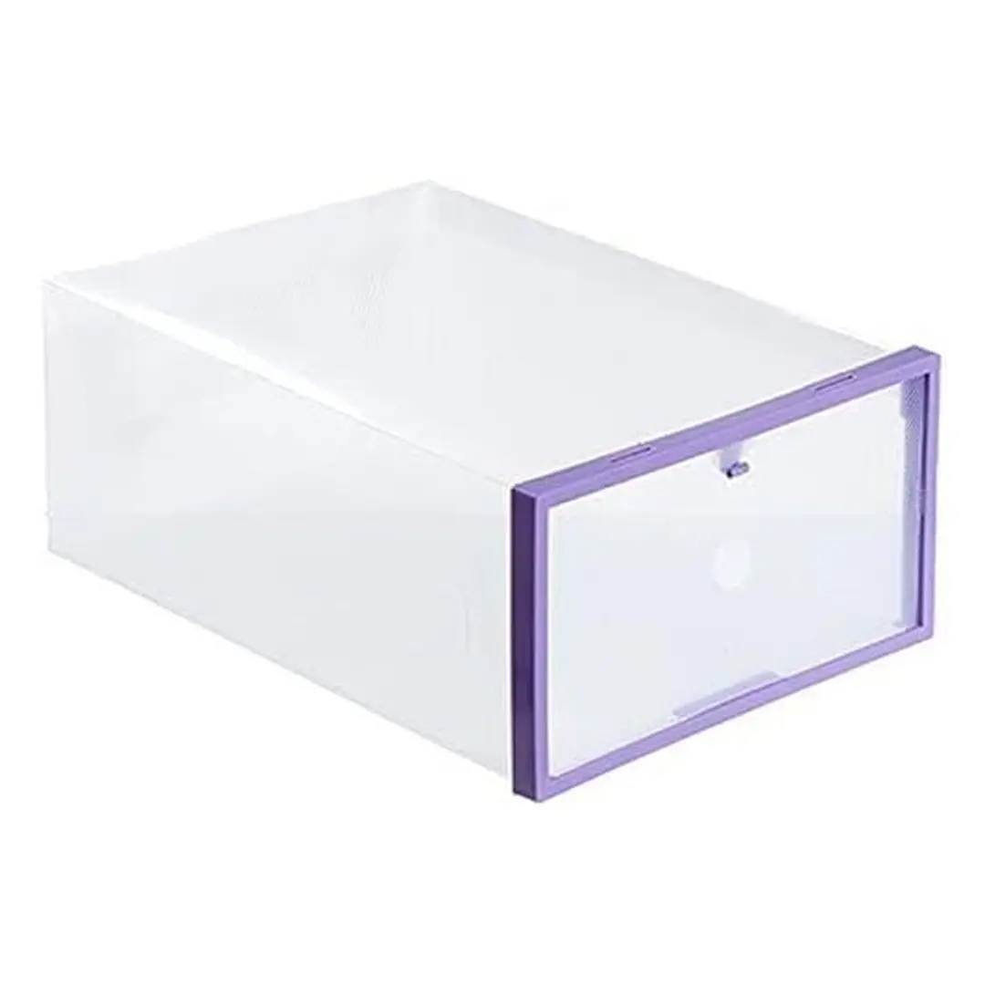 Zapatero organizador transparente con borde morado para almacenamiento de zapatos