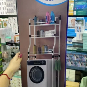 Organizador para lavadora de 3 niveles, ideal para espacios reducidos.