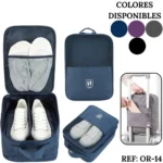 Bolso organizador de zapatos azul para viaje, con compartimentos y diferentes usos.