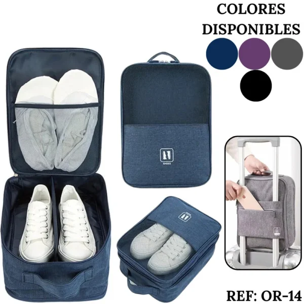 Bolso organizador de zapatos azul para viaje, con compartimentos y diferentes usos.