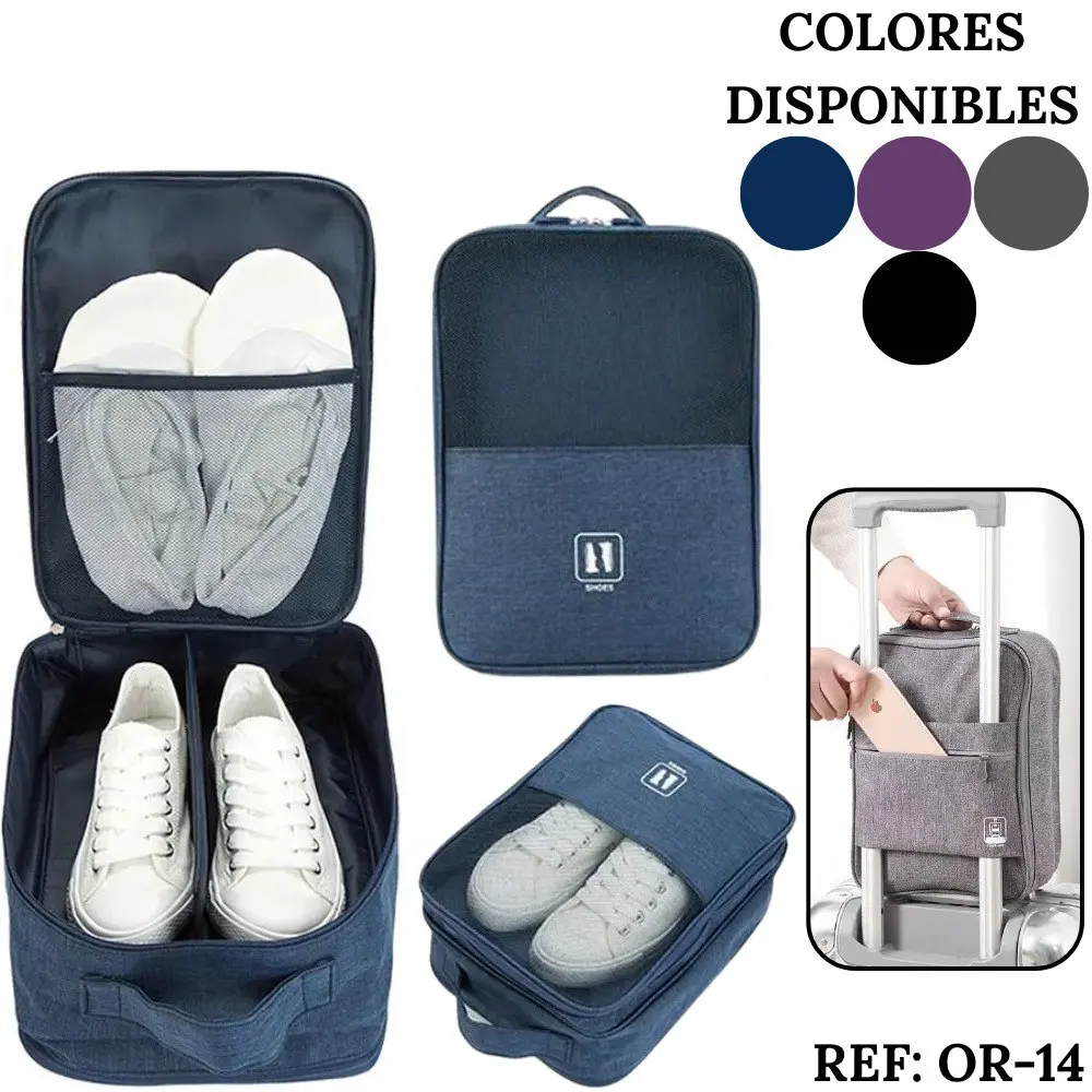 Bolso organizador de zapatos azul para viaje, con compartimentos y diferentes usos.