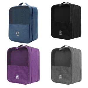 Bolso organizador de zapatos para viaje, azul, negro, morado y gris, con logo de zapatillas.