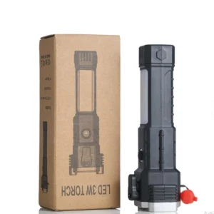 Linterna LED 3W con martillo de seguridad y caja del producto.