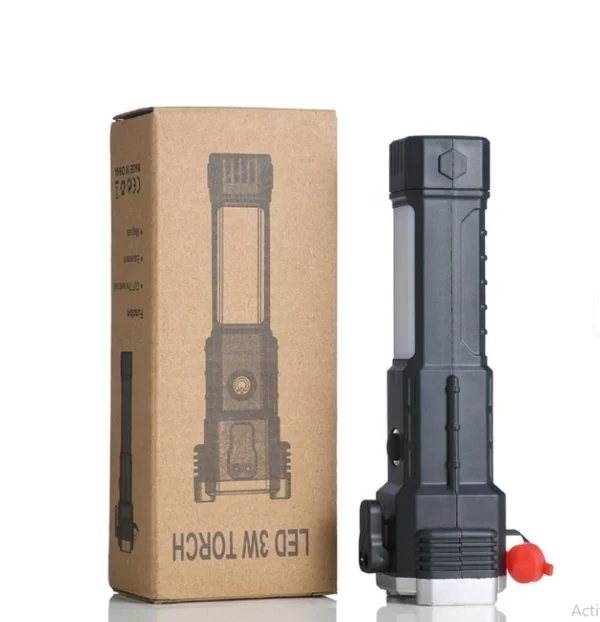 Linterna LED 3W con martillo de seguridad y caja del producto.