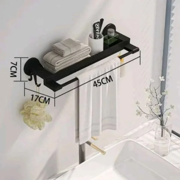 Estante negro para baño, soporte de pared con toalleros y ganchos.