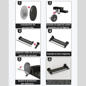 Estante de pared para baño con 3 repisas negras, fácil instalación adhesiva.