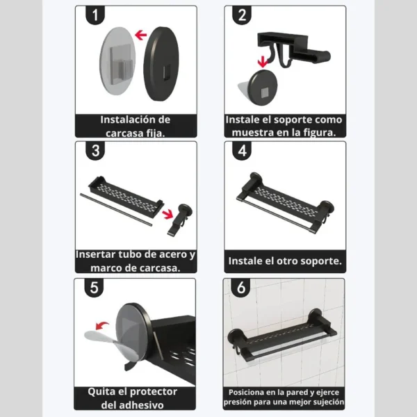 Estante de pared para baño con 3 repisas negras, fácil instalación adhesiva.
