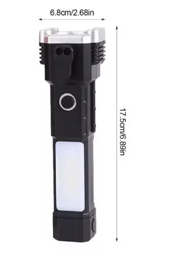 Linterna táctica con martillo de seguridad, recargable, 17.5 cm de largo.