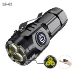 Linterna táctica LED recargable LS-62, potente y compacta, con 3 ledes y clip.