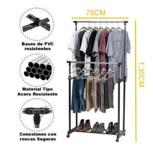 Perchero dual para ropa con ruedas, estante organizador de acero resistente y bases de PVC.