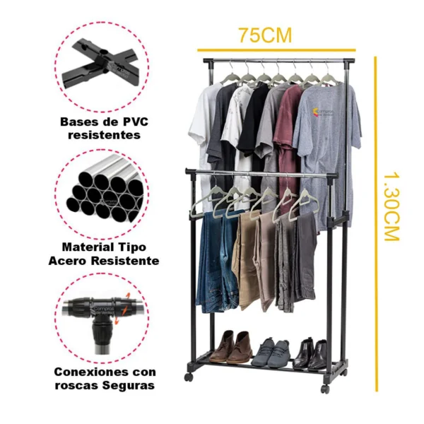 Perchero dual para ropa con ruedas, estante organizador de acero resistente y bases de PVC.