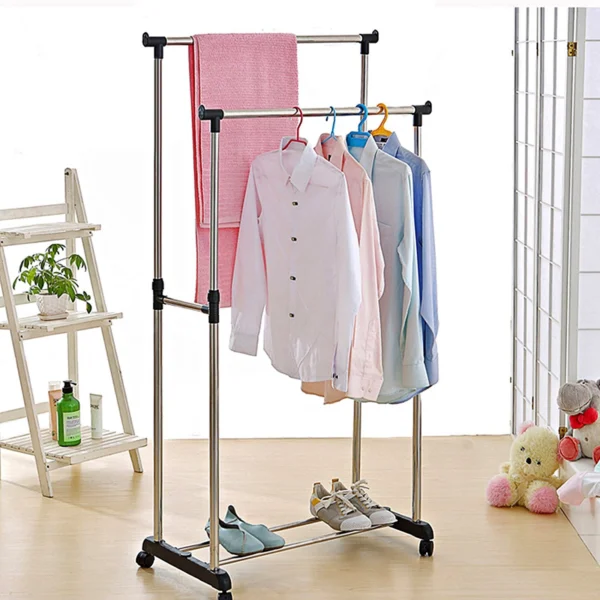 Perchero estante dual para ropa, toalla y zapatos, organizador con ruedas.