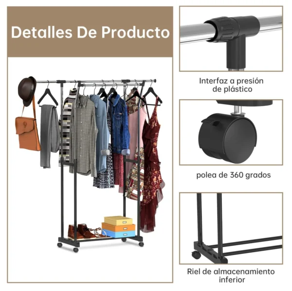 Perchero organizador de ropa dual con ruedas 360 grados y riel inferior.