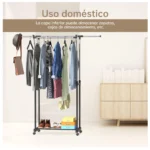 Perchero organizador de ropa dual con ruedas, estantes para zapatos y cajas.