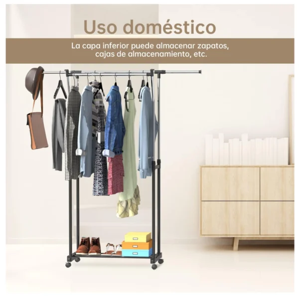 Perchero organizador de ropa dual con ruedas, estantes para zapatos y cajas.