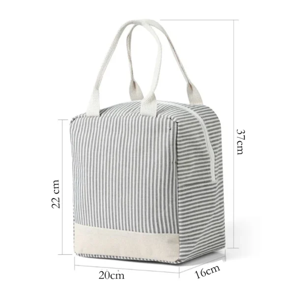 Bolsa lonchera térmica de tela a rayas grises para almuerzo, medidas 37x22x16 cm