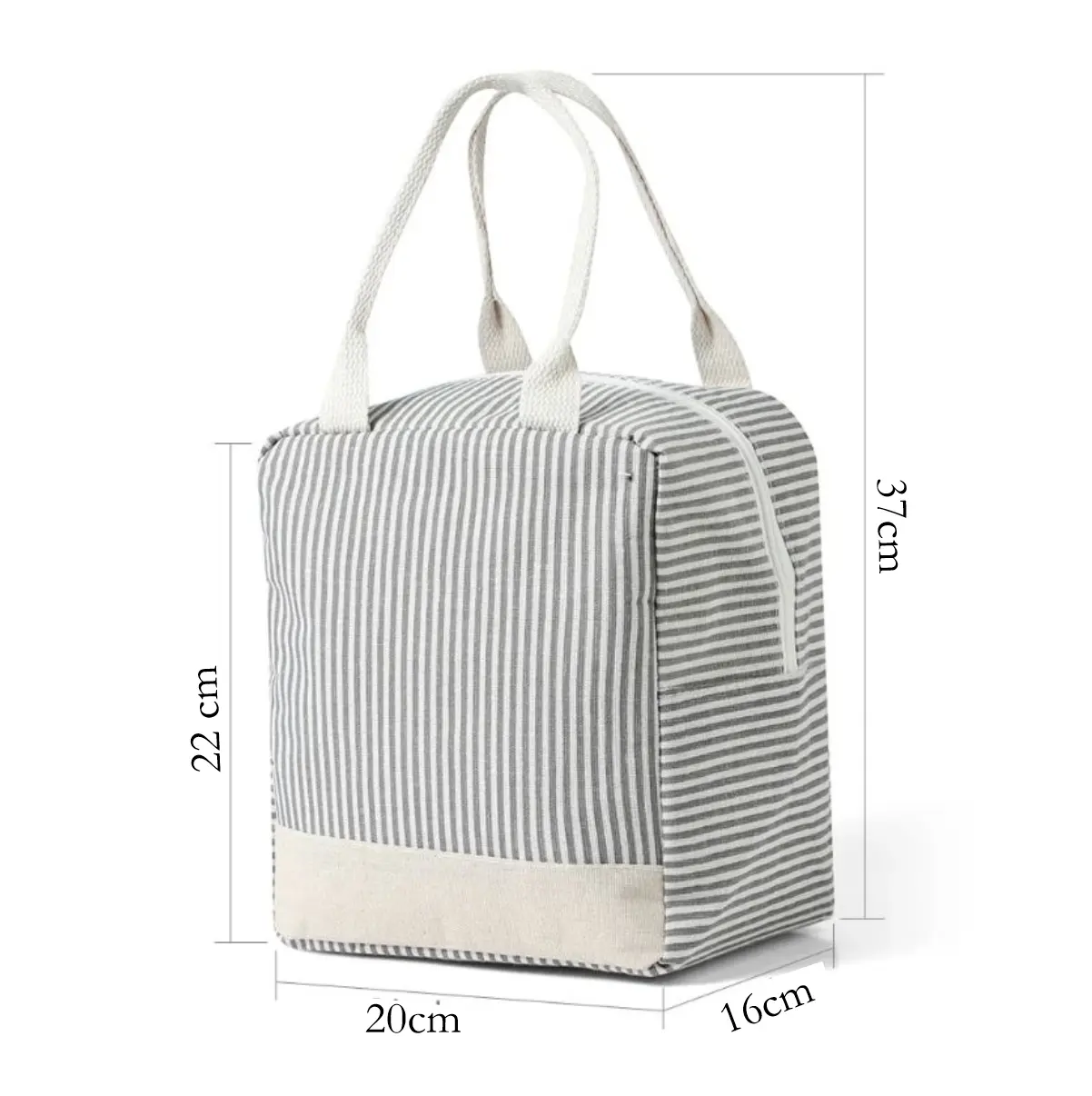 Bolsa lonchera térmica de tela a rayas grises para almuerzo, medidas 37x22x16 cm