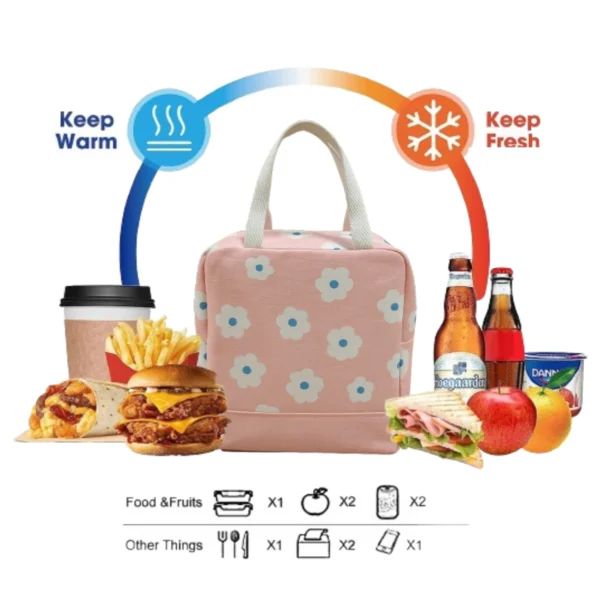 Bolsa lonchera térmica rosa floral con alimentos, bebidas y accesorios.