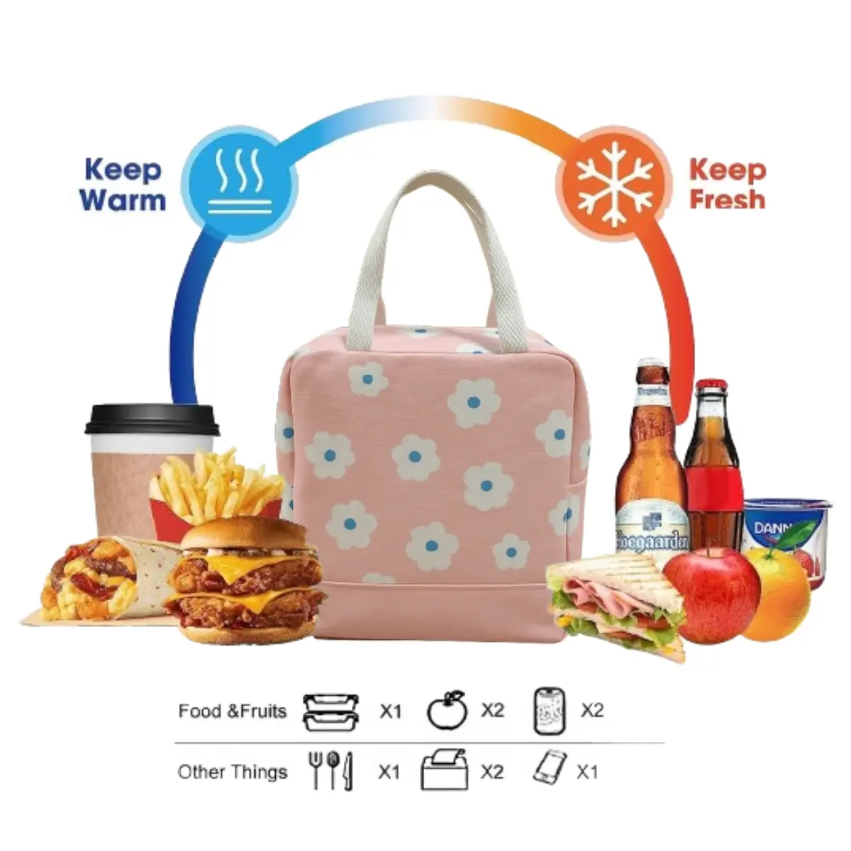 Bolsa lonchera térmica rosa floral con alimentos, bebidas y accesorios.