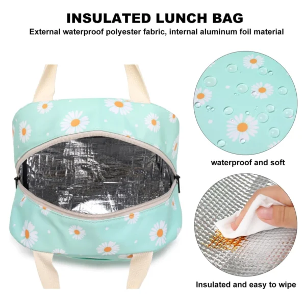 Bolsa lonchera térmica de tela con diseño de margaritas, interior aluminizado, impermeable y fácil de limpiar.
