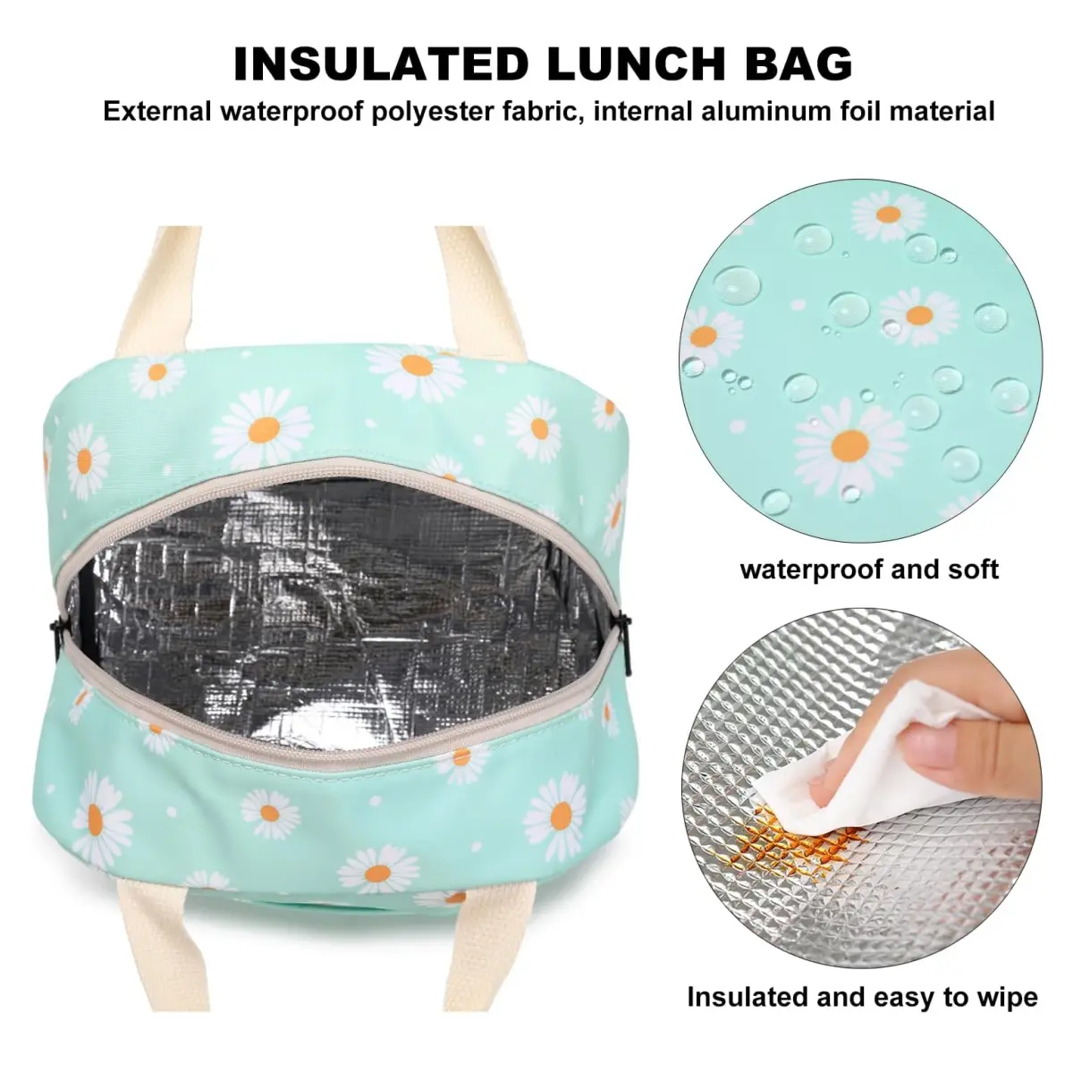 Bolsa lonchera térmica de tela con diseño de margaritas, interior aluminizado, impermeable y fácil de limpiar.