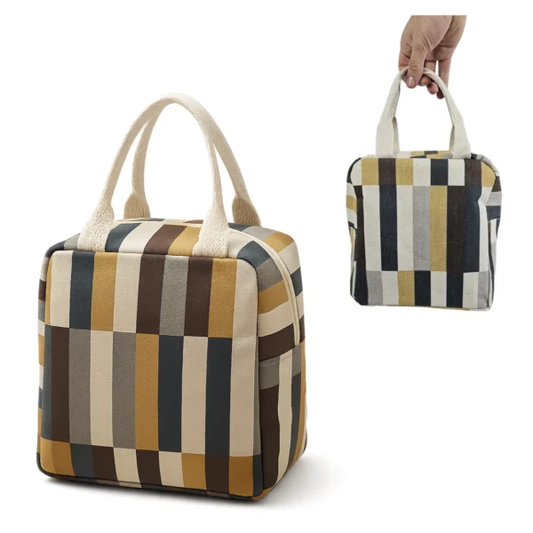 Bolsa lonchera térmica de tela con diseño a rayas verticales.